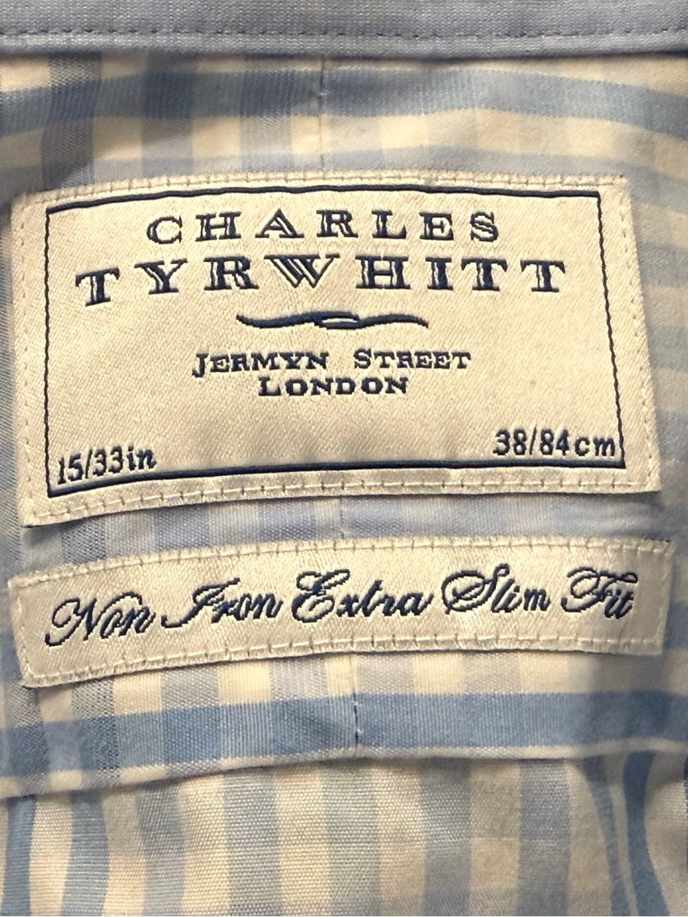 Charles Tyrwhitt Blue White Check Non-Iron Slim Fit Dress Shirt 15/33 - Picture 3 of 6